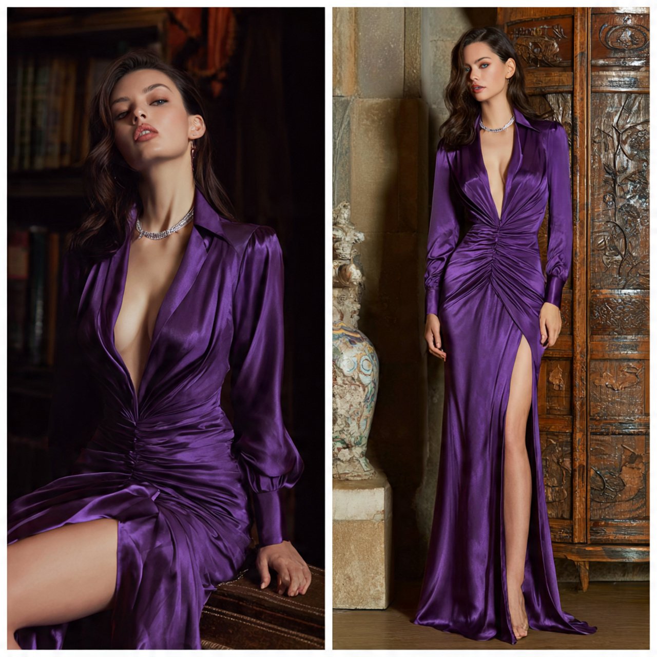 create a woman image wearinga draped satin gown wi