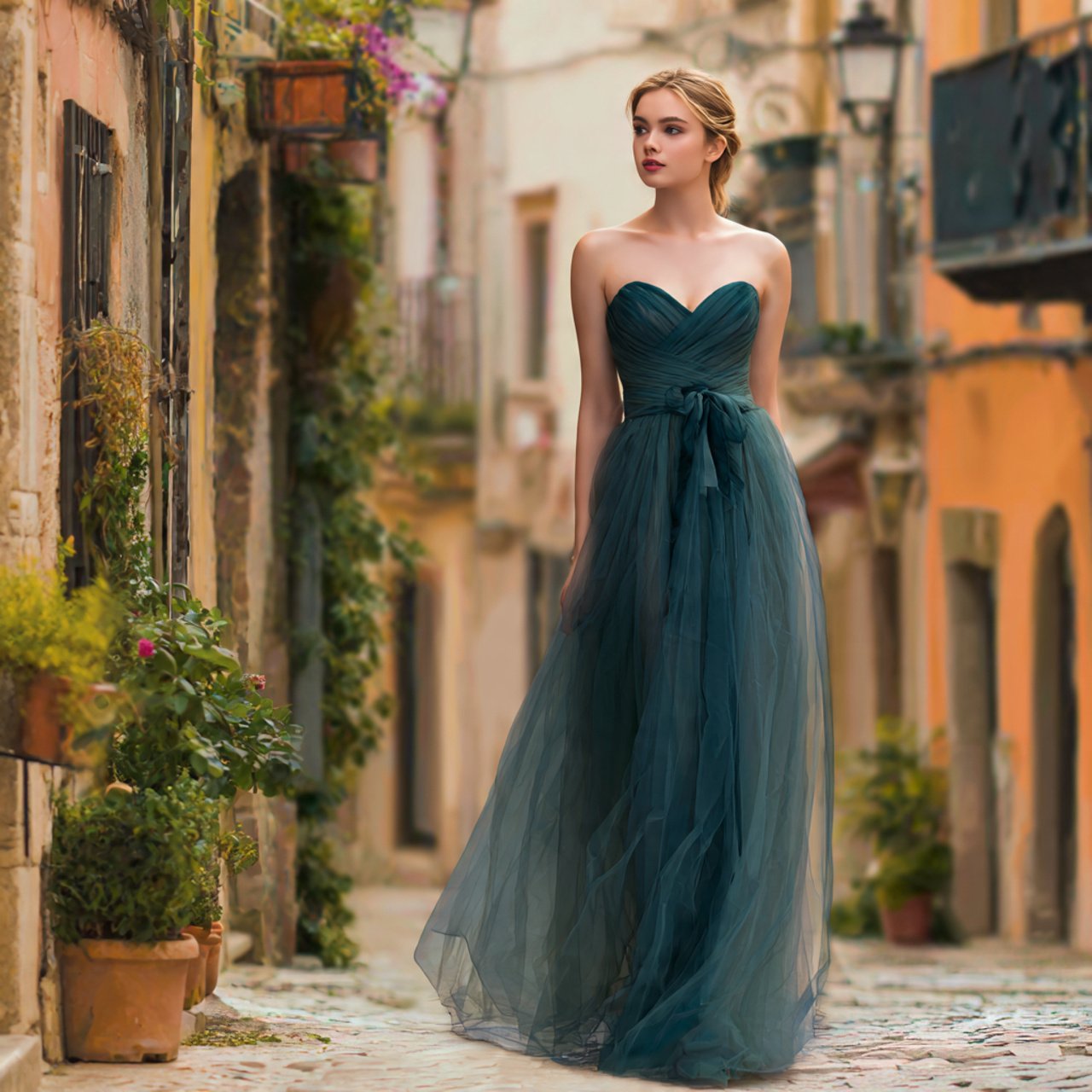 create a woman image wearinga floor length tulle d