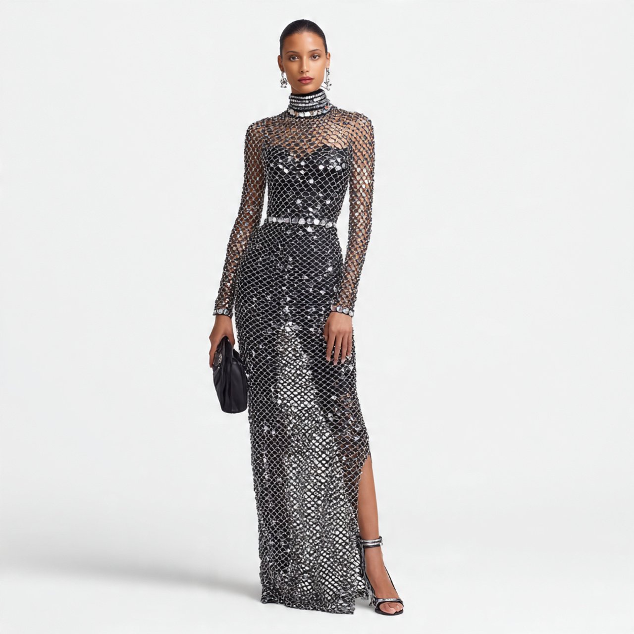 create a woman image wearinga metallic mesh gown w