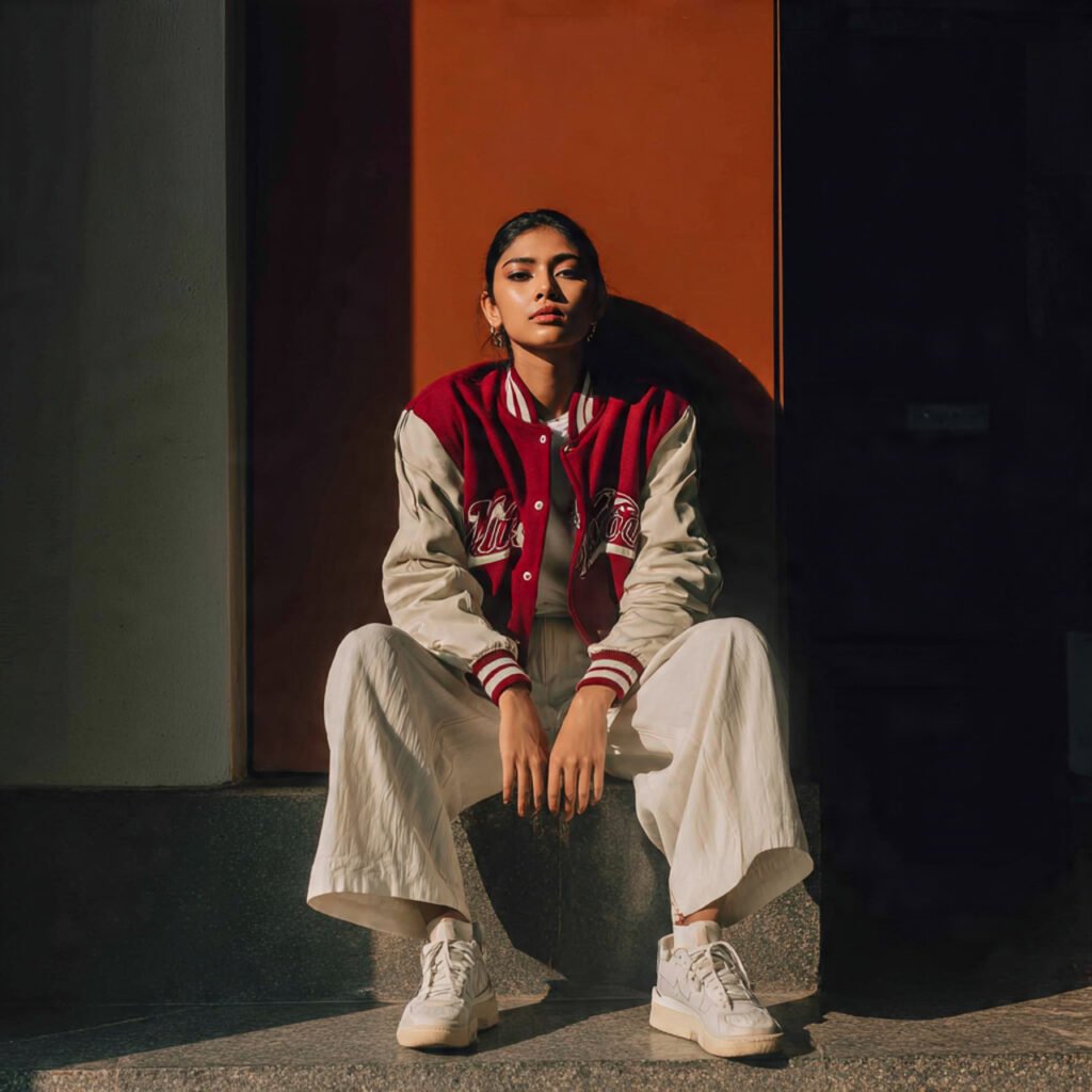 create an image of a women wearing varsity jacket