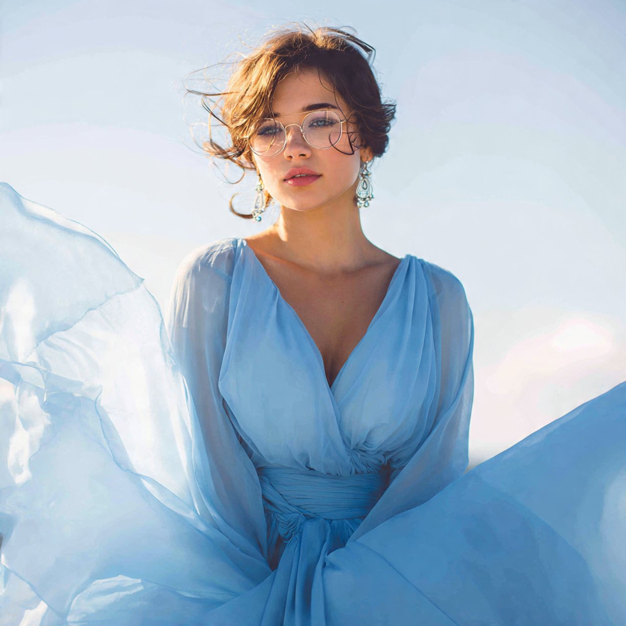 create image of a woman wearing light blue chiffon