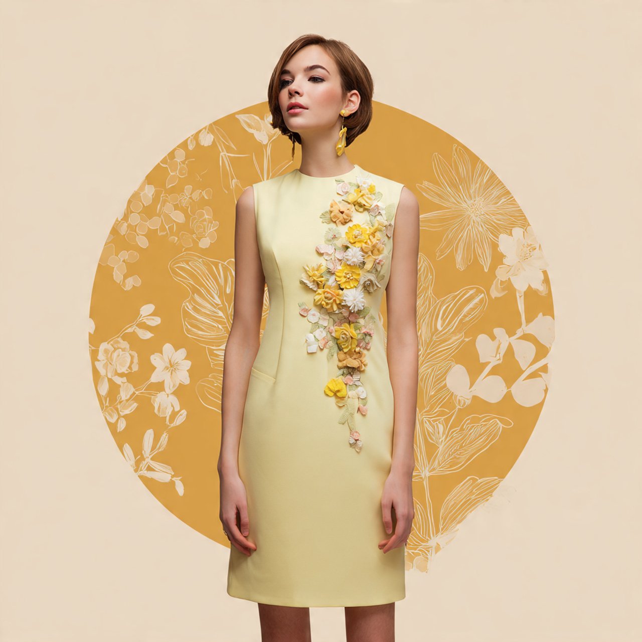 create image of a woman wearing pale yellow shift