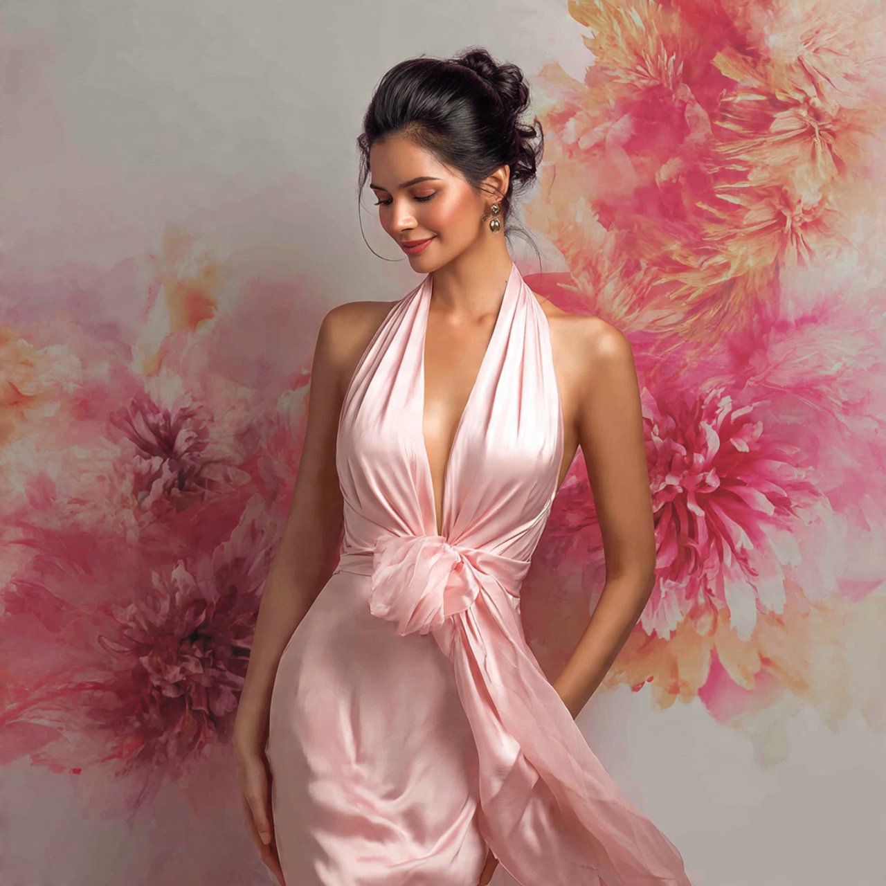 create image of a woman wearing soft pink silk hal