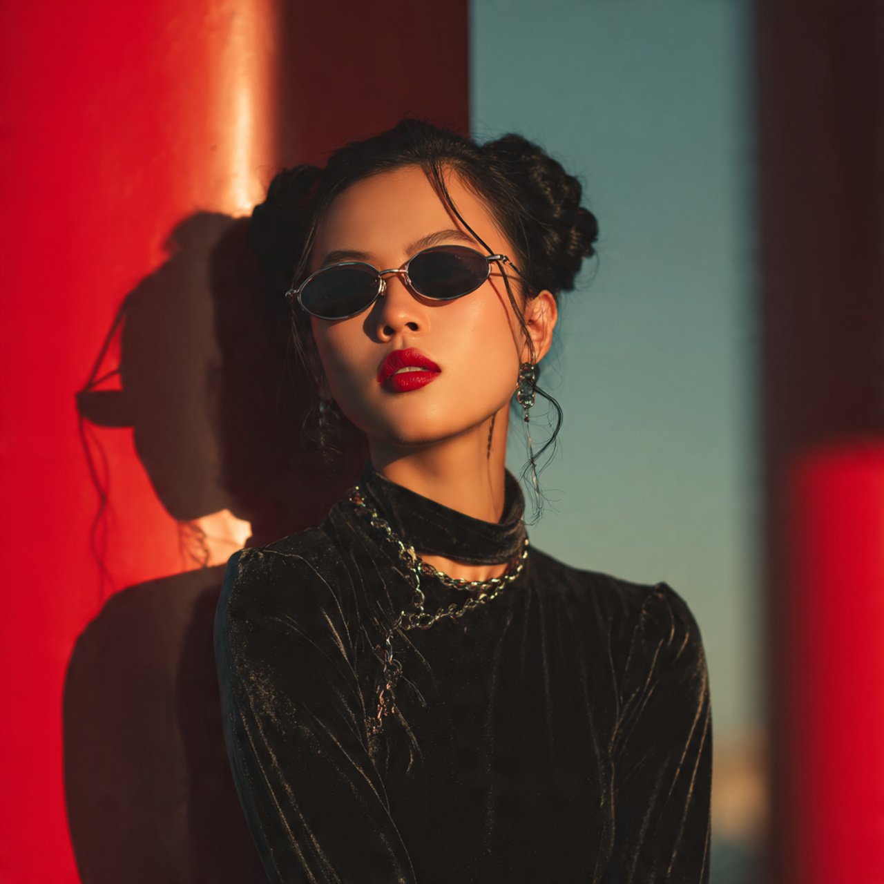 create image of a woman wearing velvet column for