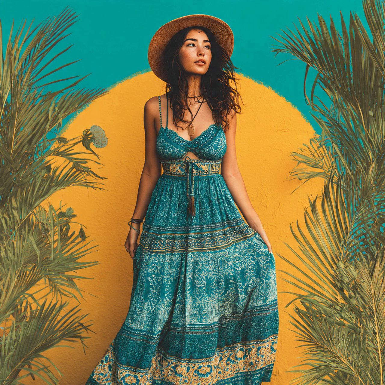 create image of a woman wearingboho style crochet