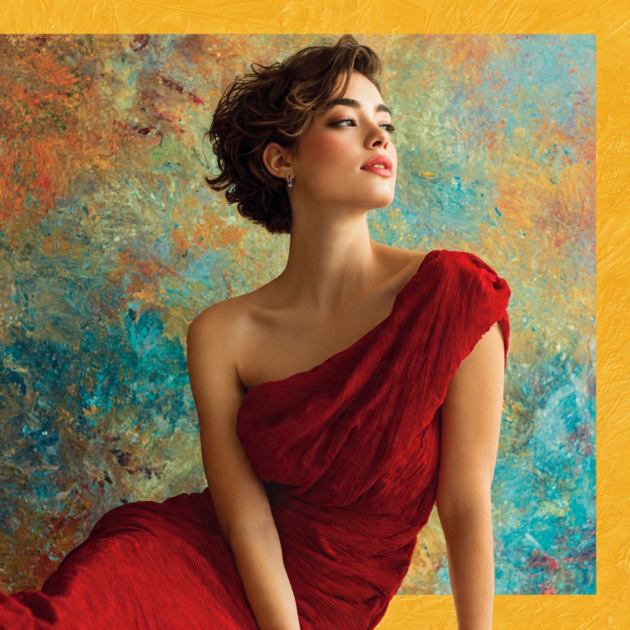 create image of a woman wearingone shoulder crepe