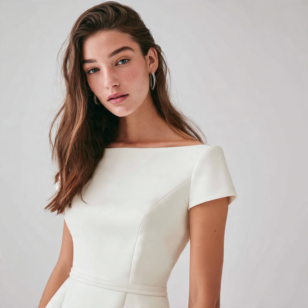 crepe fit and flare dress with boat neckline with