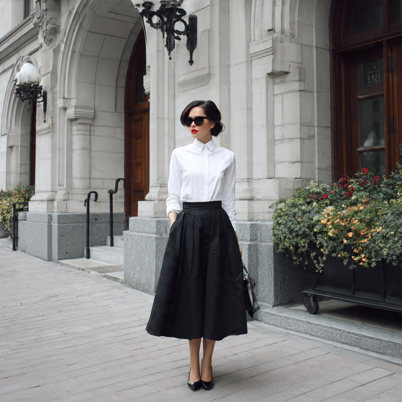 crisp white shirt with tailored midi skirt
