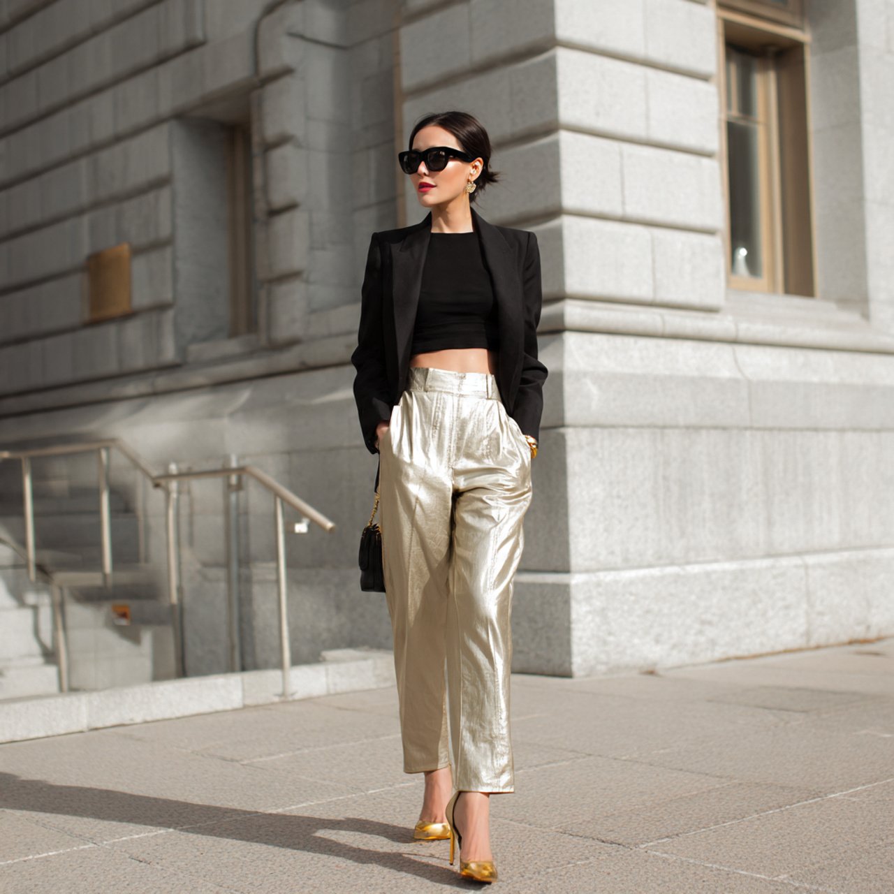 cropped blazer high rise trousers minimal gold