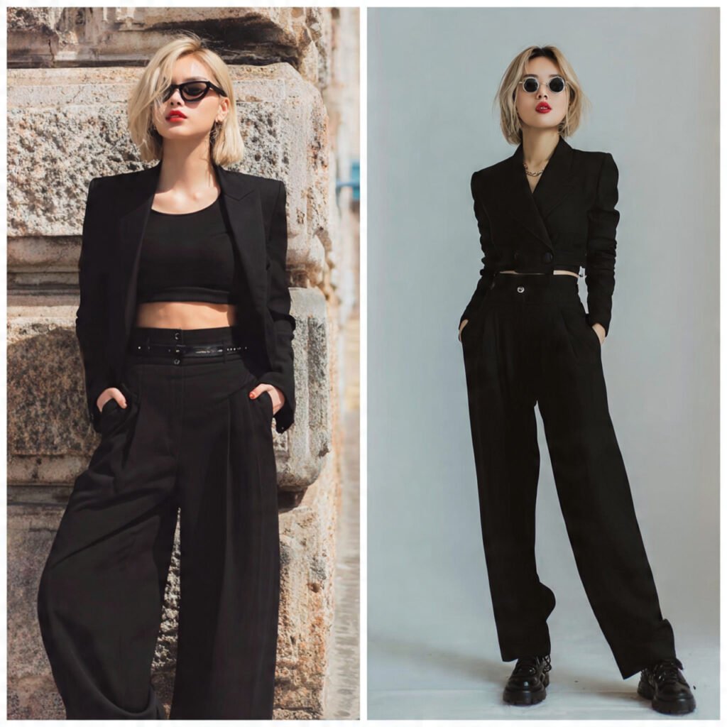 cropped blazer high waist wide leg trousers black