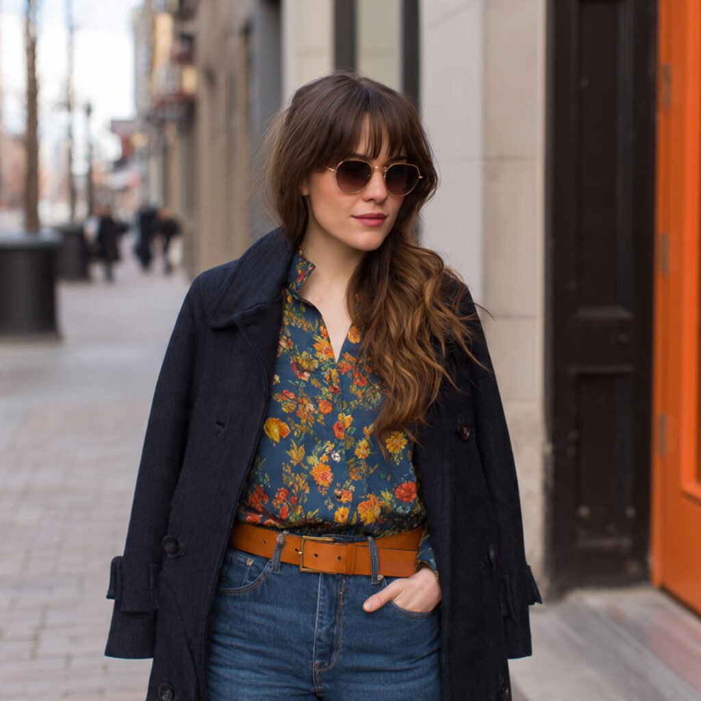 dark denim statement blouse belted coat