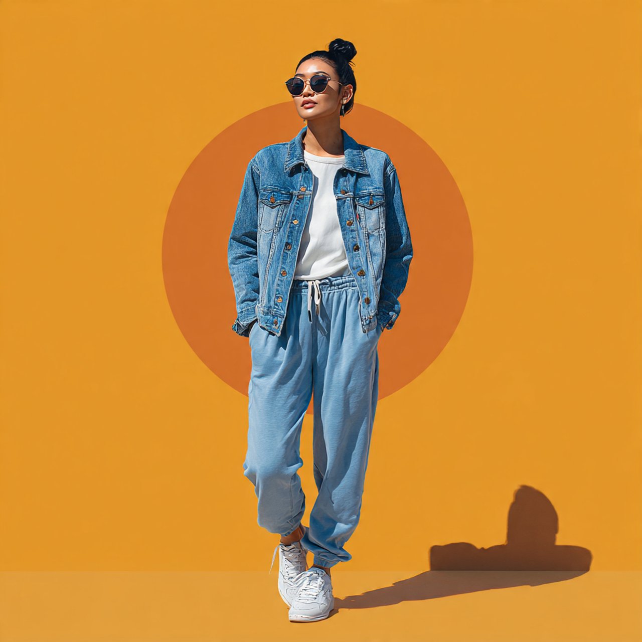 denim jacket joggers wearing a woman