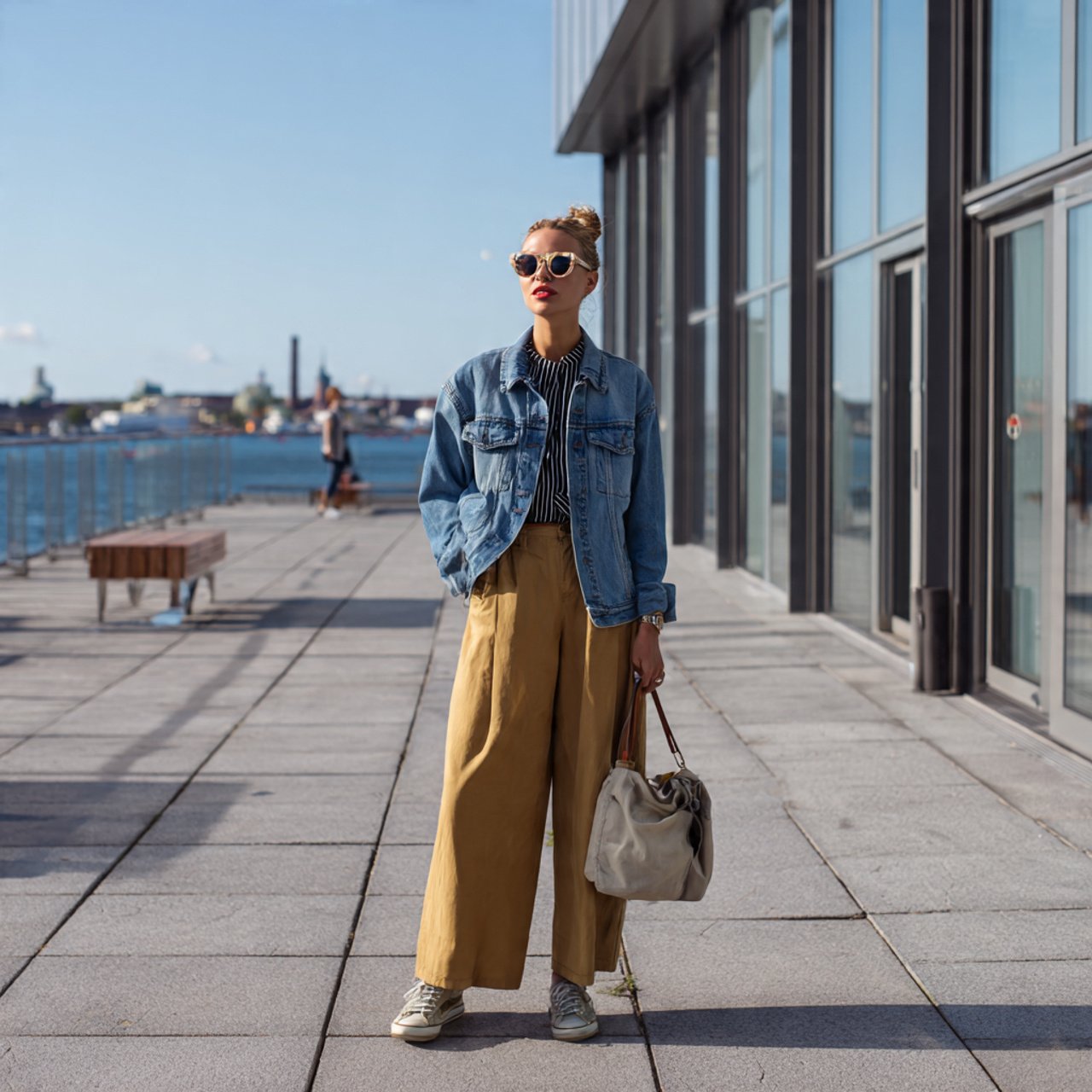 denim jacket wide legged trousers