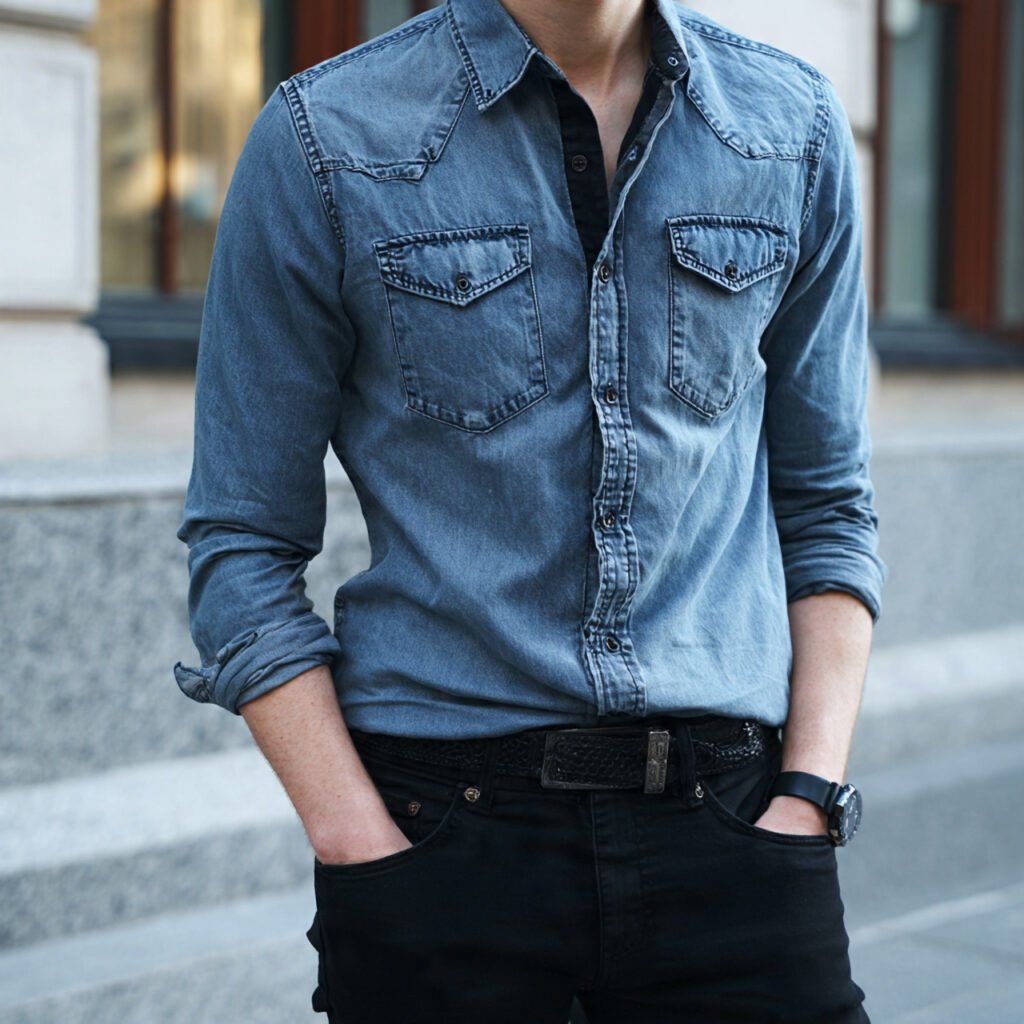 denim shirt black jeans