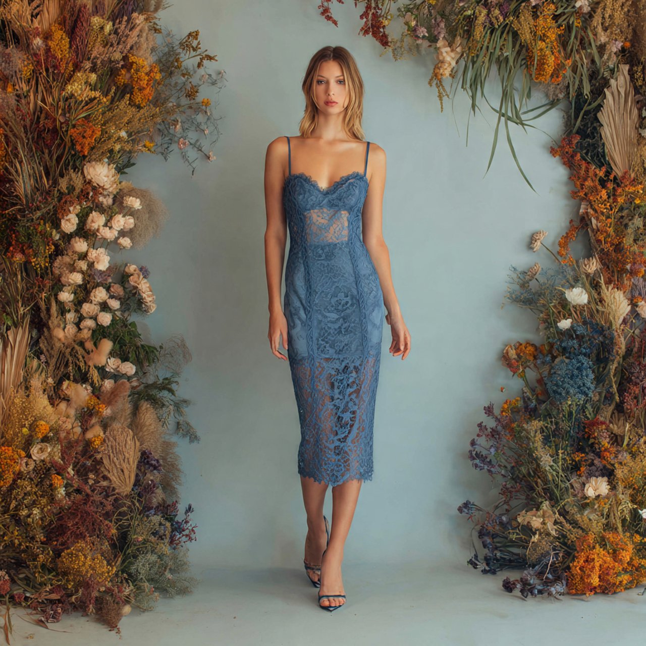 dusty blue lace sheath midi dress with cozy backgr