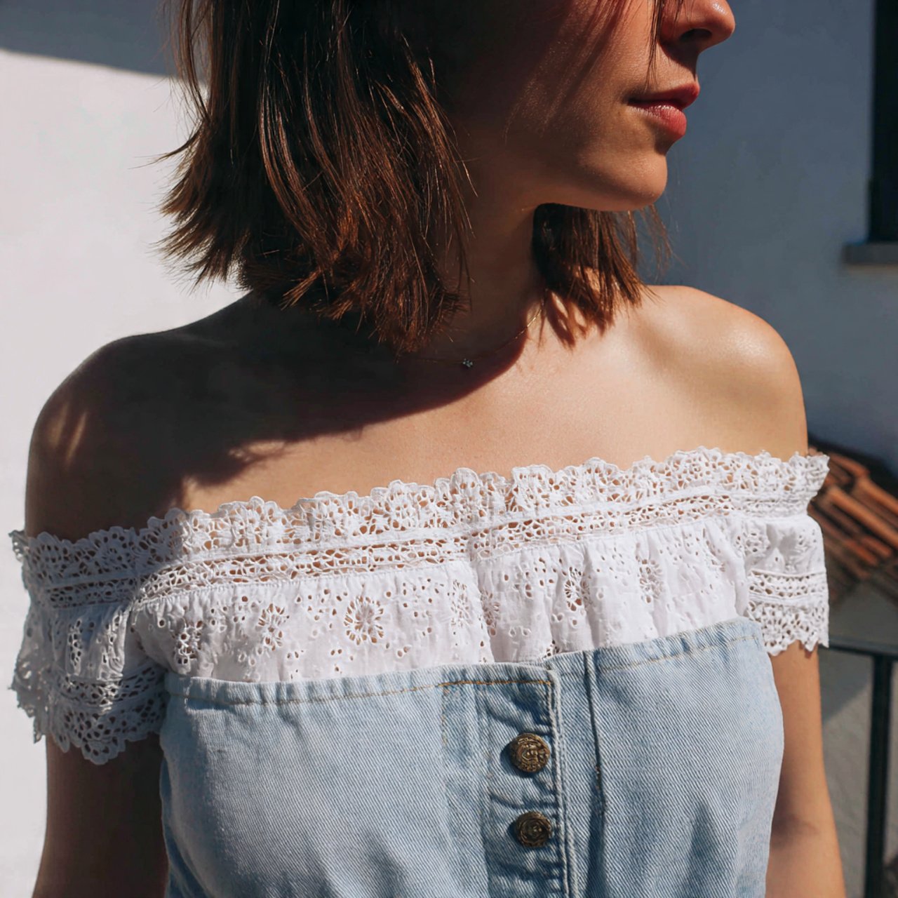 eyelet or crochet top with washed denim 1