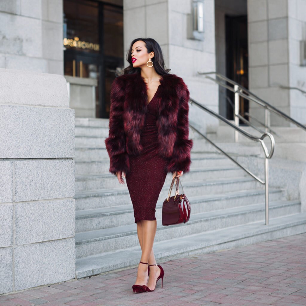 faux fur coat bodycon midi glossy bag