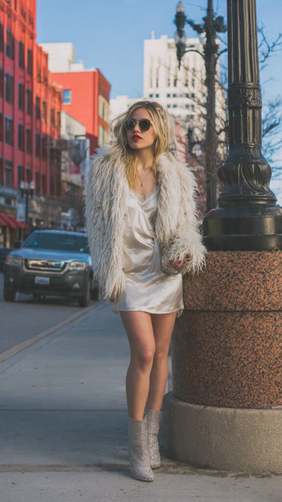 faux fur jacket over satin slip dress