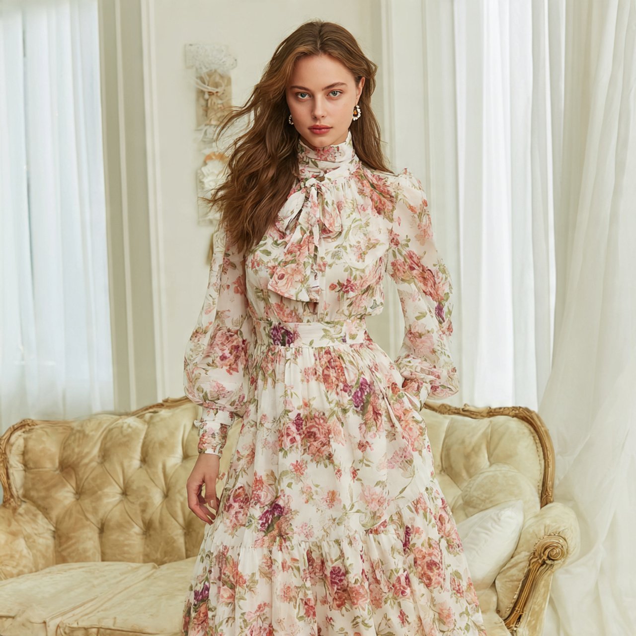 floral chiffon long sleeve midi dress with cozy ba 1