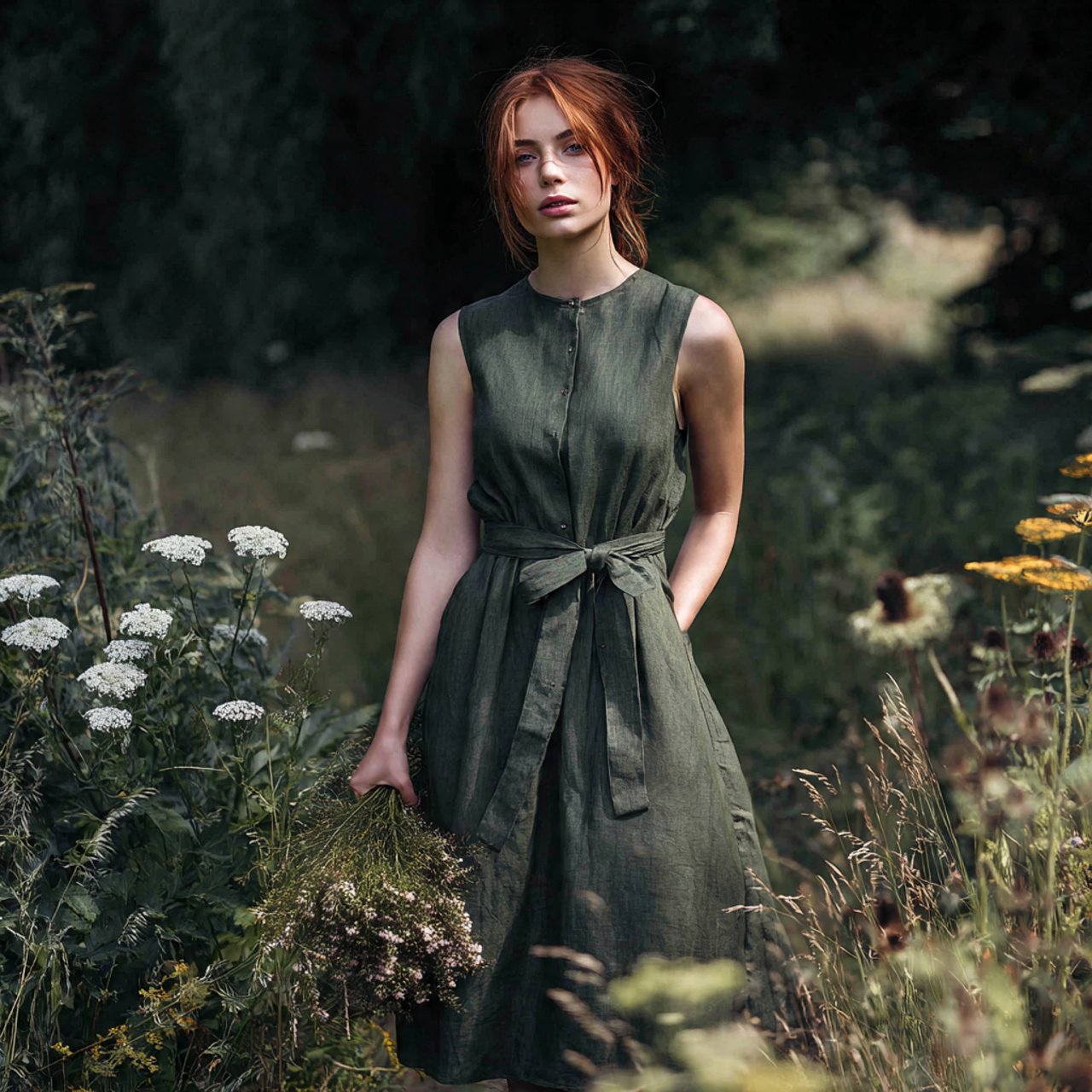 flowing linen dress with soft waist tie