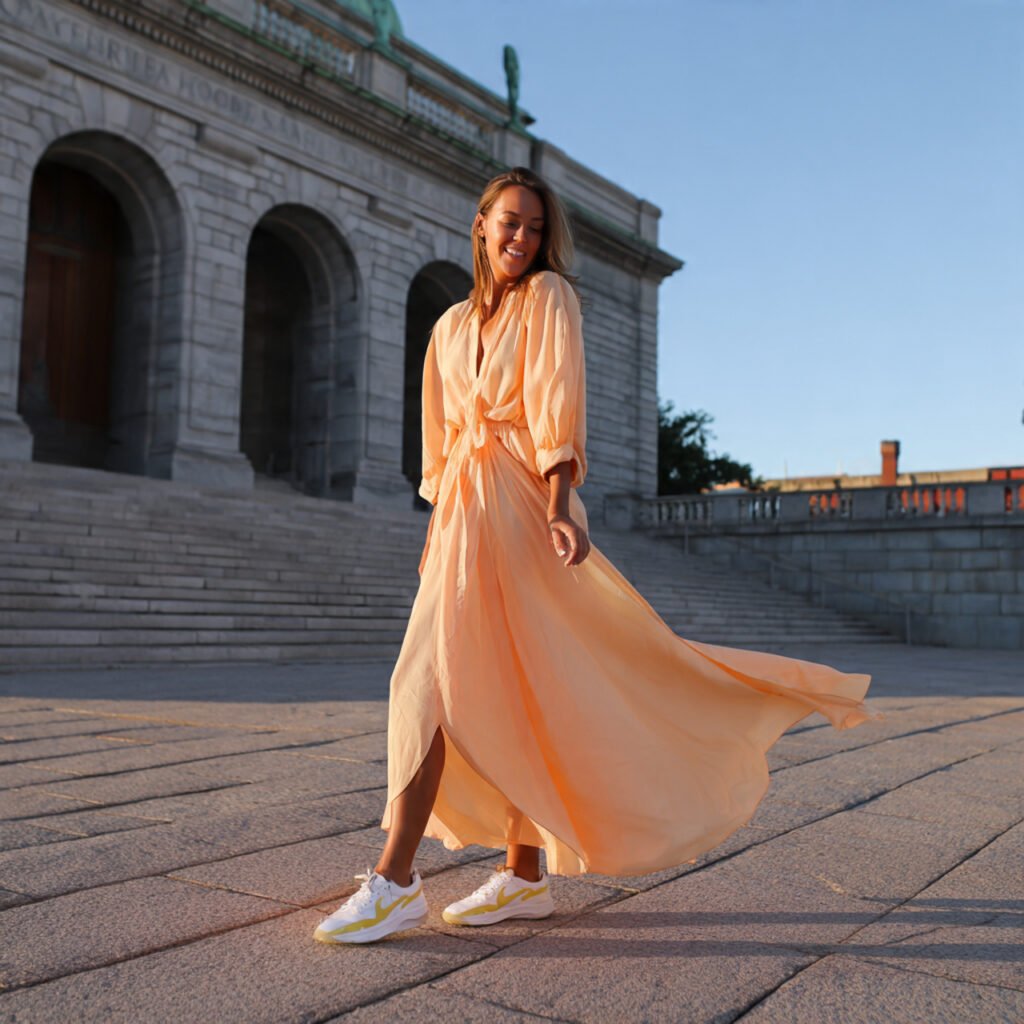 flowing maxi dress and sneakers