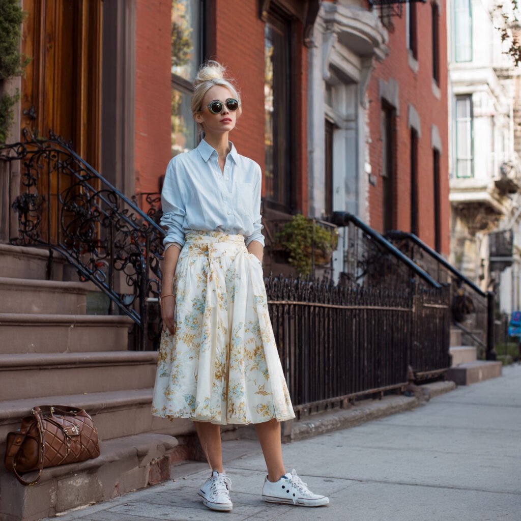 flowing a line skirt with button down shirt