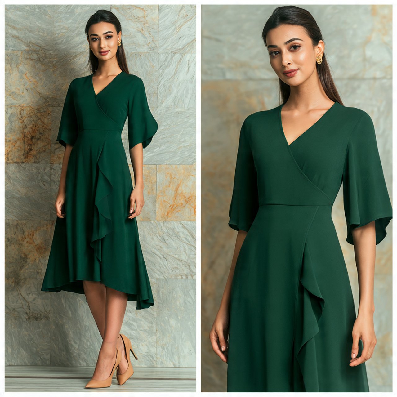 forest green crepe a line dress with attractive bg