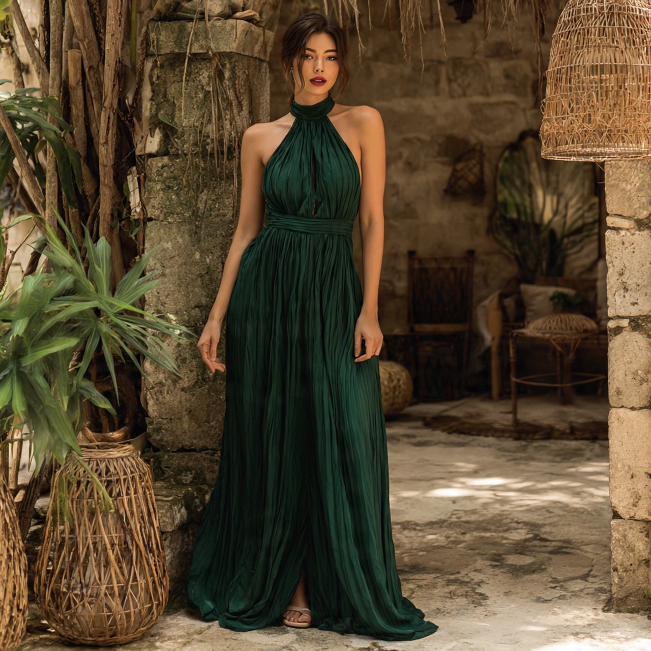 forest green halter pleated maxi dress with cozy b