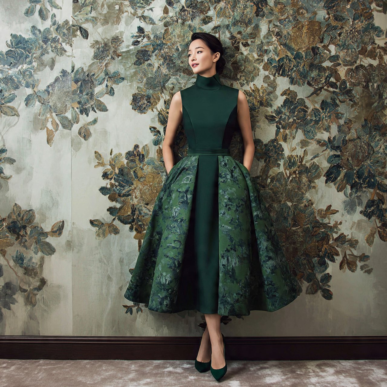 forest green tea length dress with structured bodi