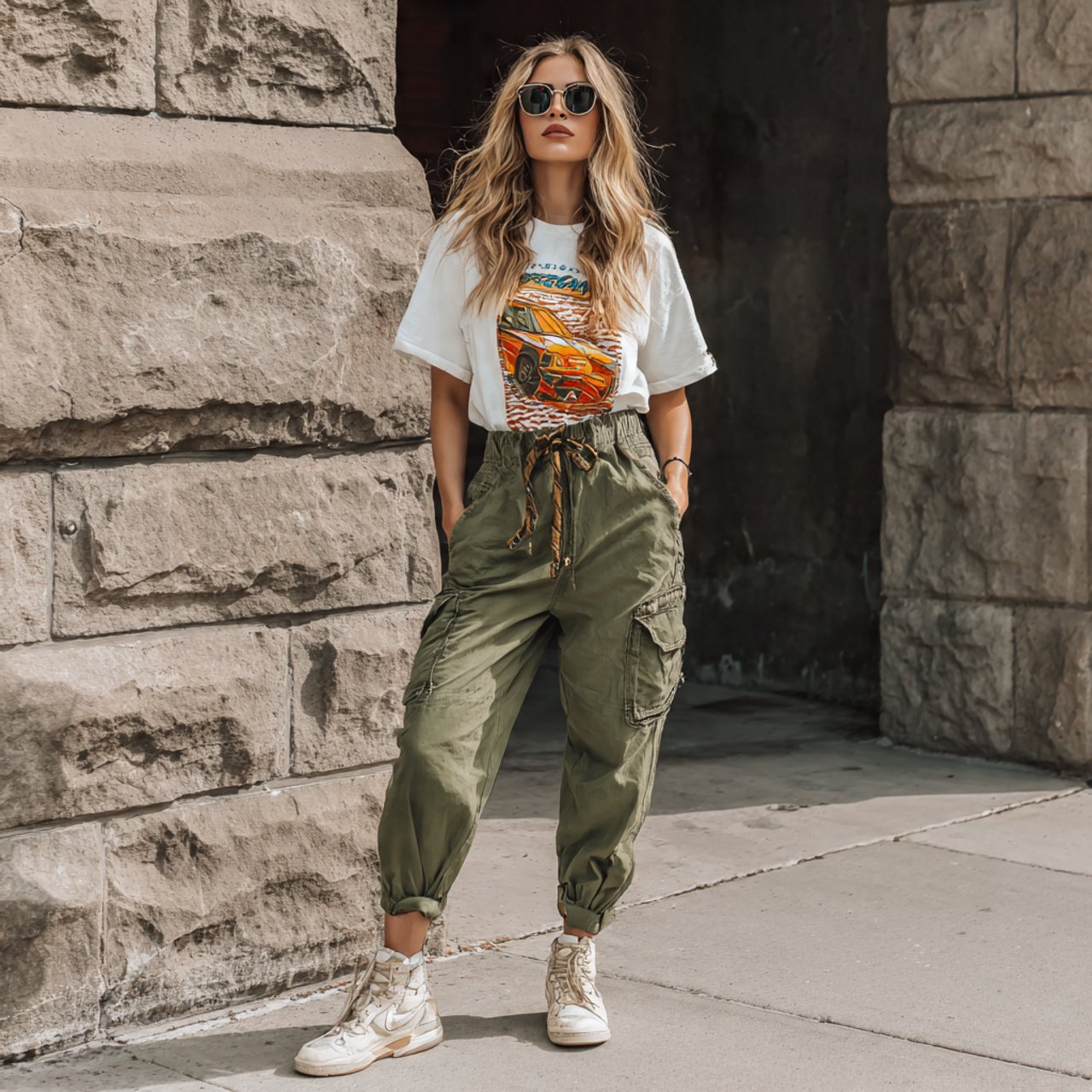 graphic tee cargo pants image of a woman 1