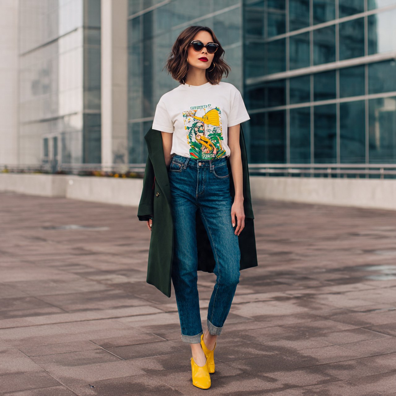 graphic tee straight jeans statement jacket