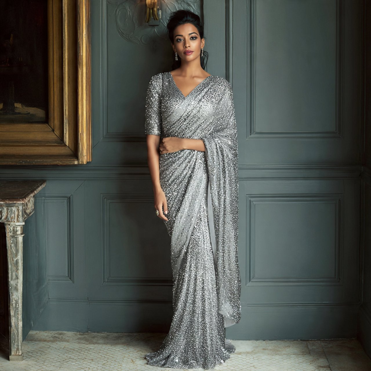 grey sequin saree wedding guest dress indian style