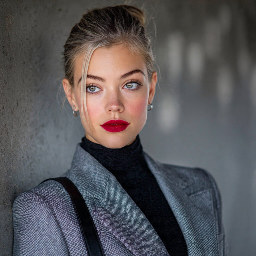 grey suit black base layer bold lip