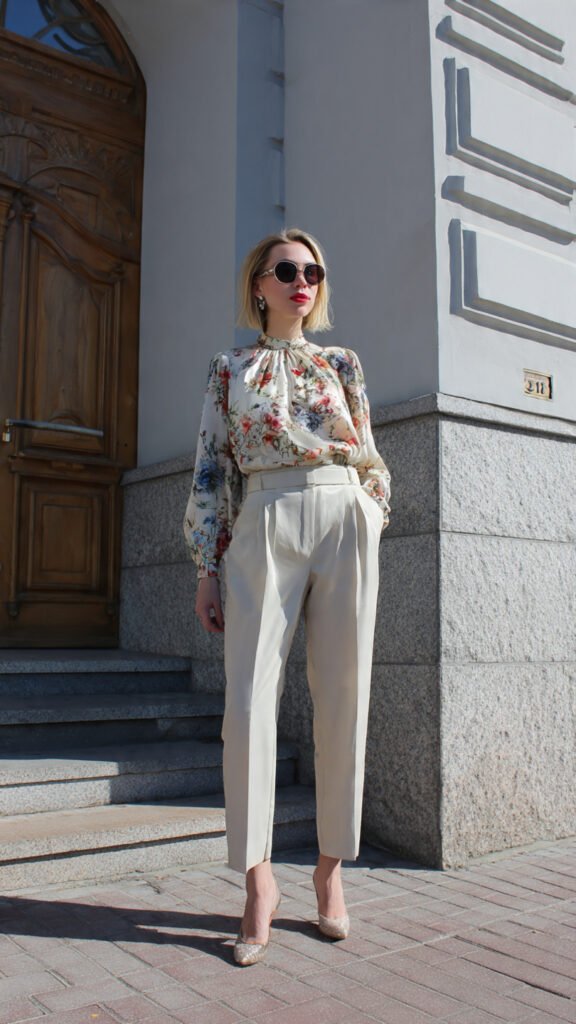 high waisted trousers with silk blouse