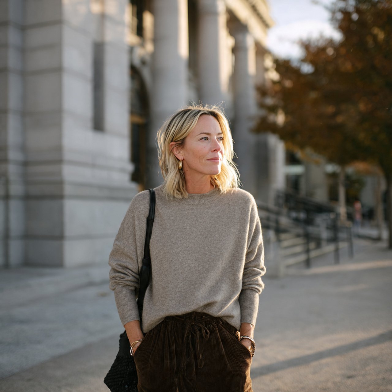 image of a woman cashmere sweater corduroy pants
