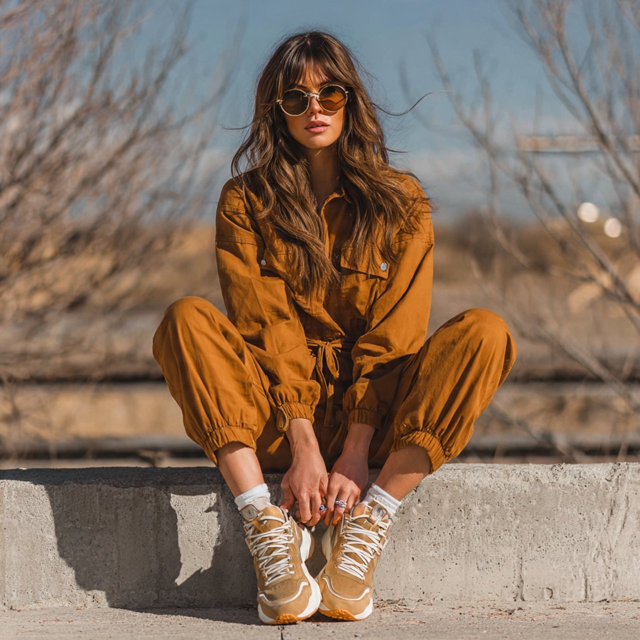 jumpsuit chunky sneakers wearing a woman with cozy