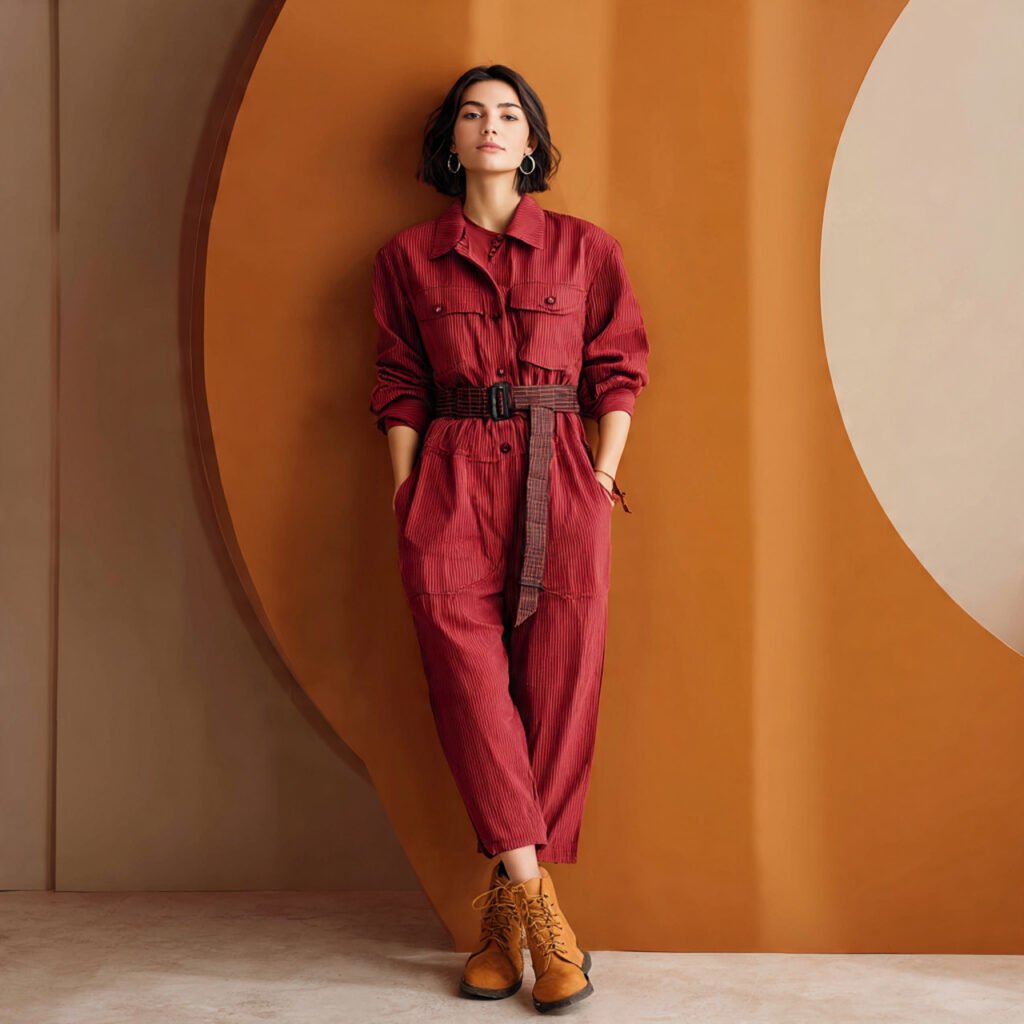 jumpsuit with belted waist with cozy background