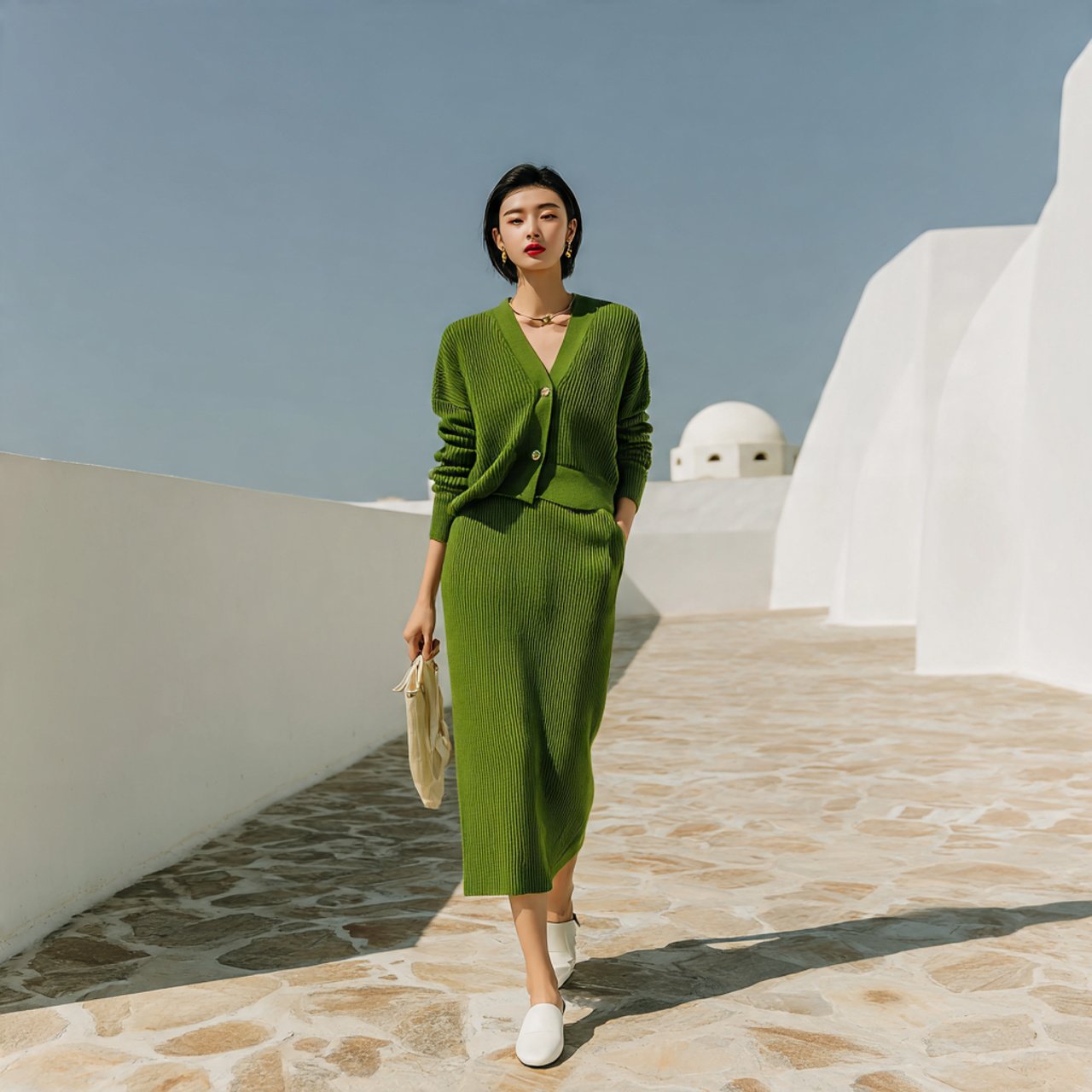 knit cardigan set midi skirt loafers