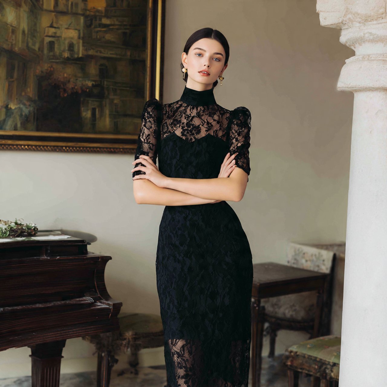 lace overlay midi dress with elbow sleeves with co