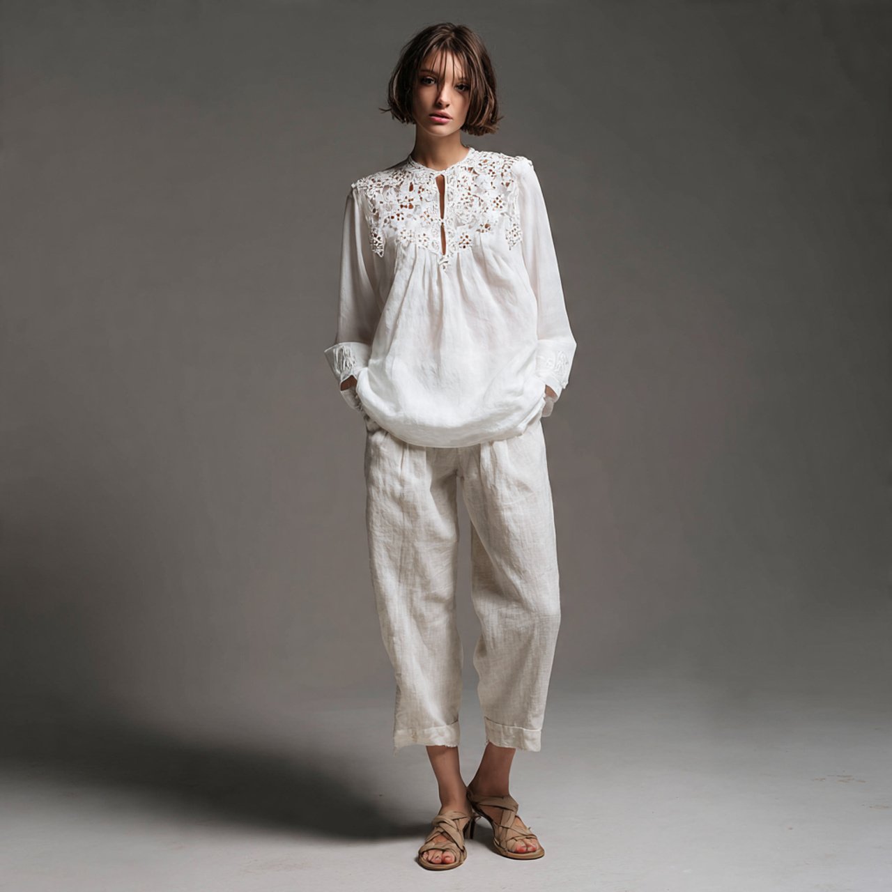 lace trim cotton blouse with relaxed linen trouser