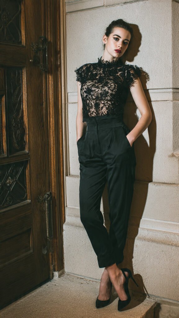 lace top with tailored pants