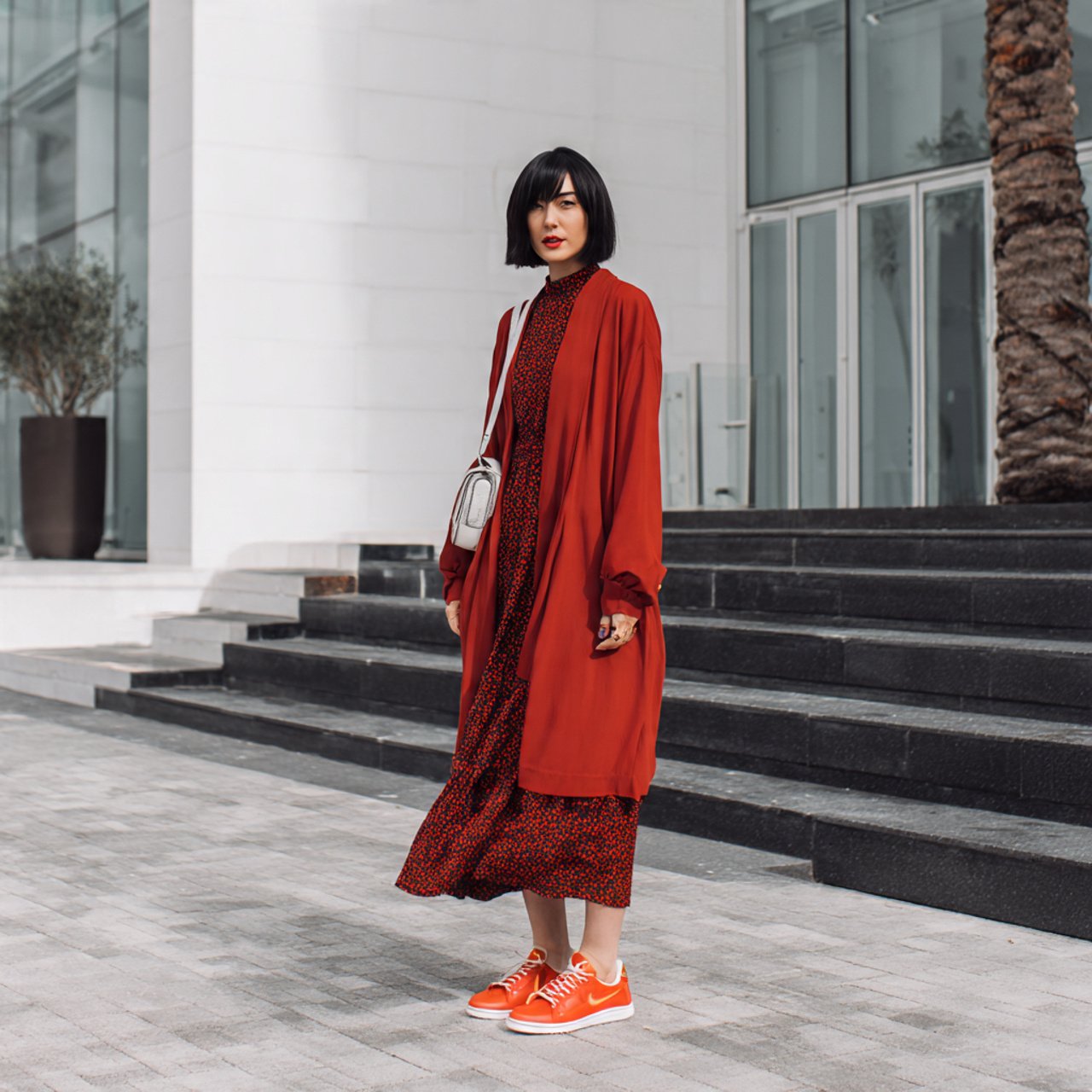layered long sleeve midi slip dress sneakers