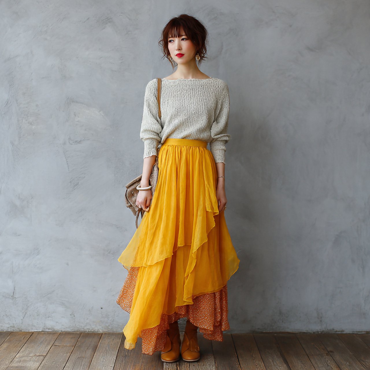 layered maxi skirt with simple knit top