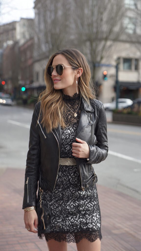 leather jacket over lace dress