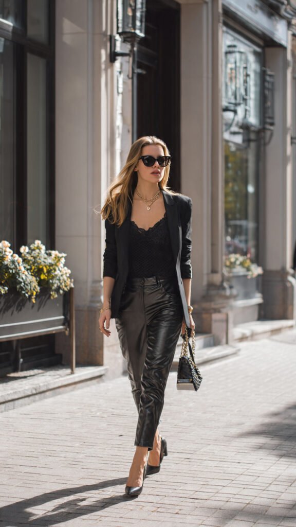 leather pants with blazer and camisole