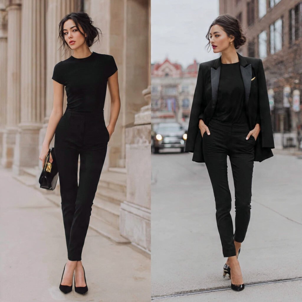 leggings fitted top blazer off duty uniform black