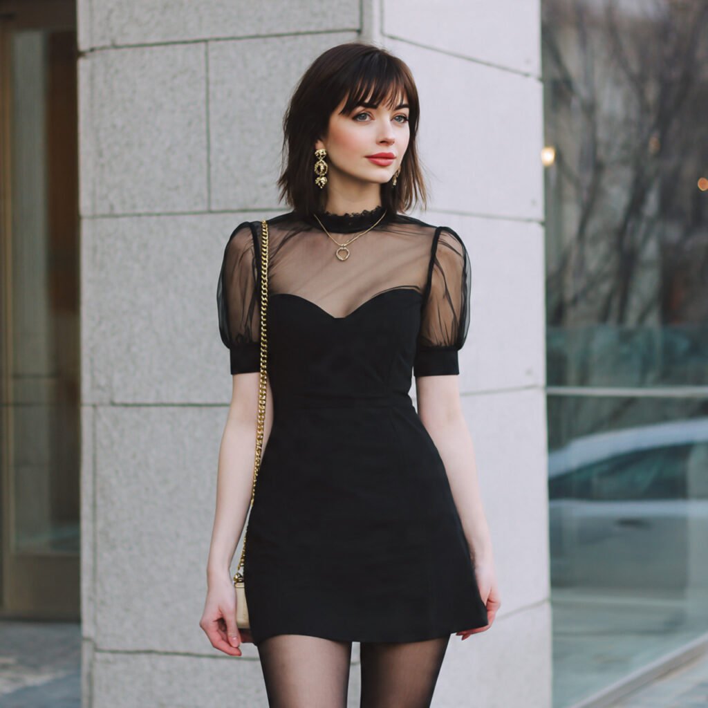 little black dress sheer tights statement earrings