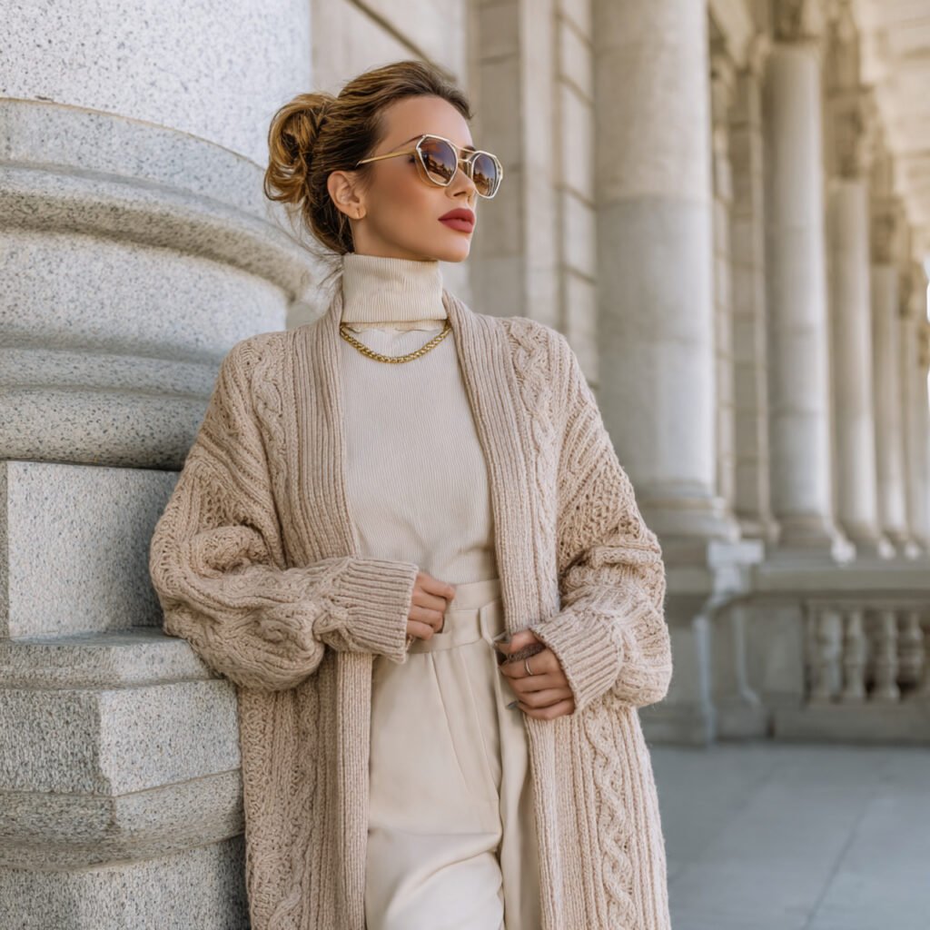 long cardigan layer look wearing a woman