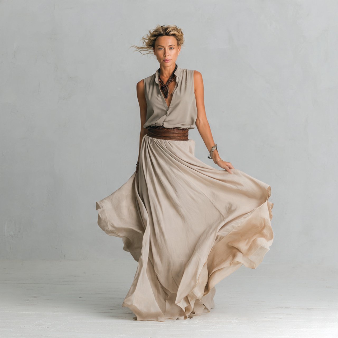 long neutral skirt with sleeveless top