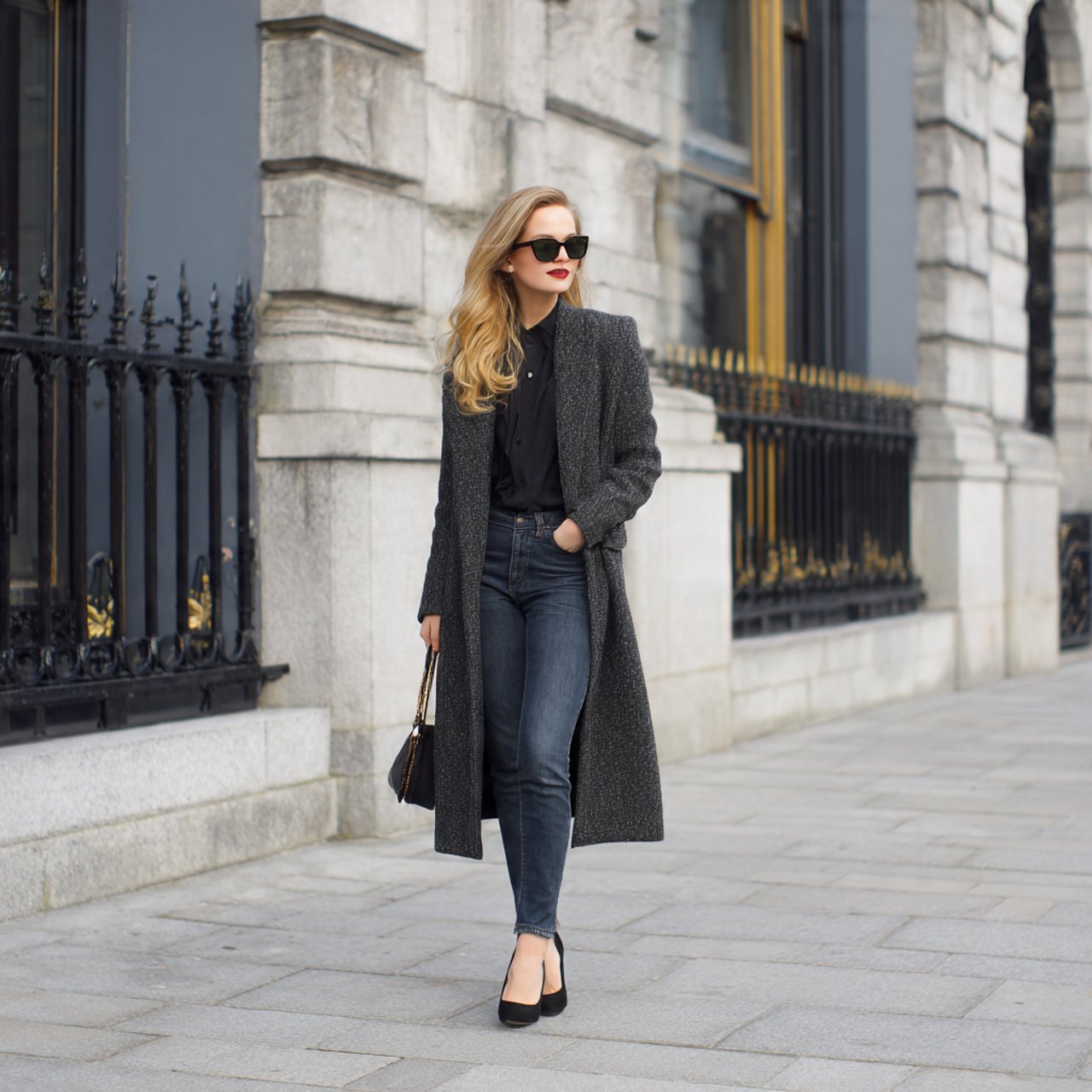 longline wool coat straight leg jeans